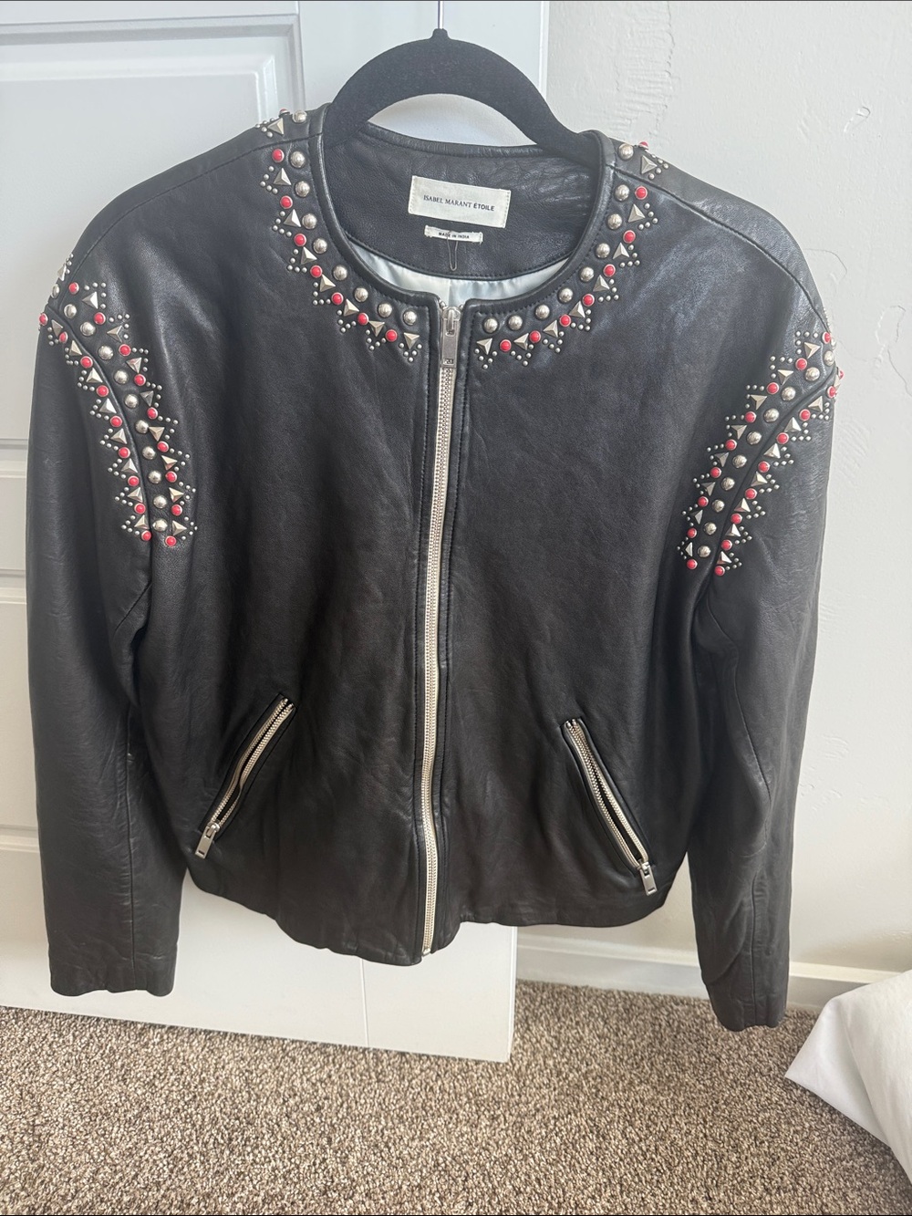 Isabel Marant Black Leather Jacket with Red and Silver Stud Details